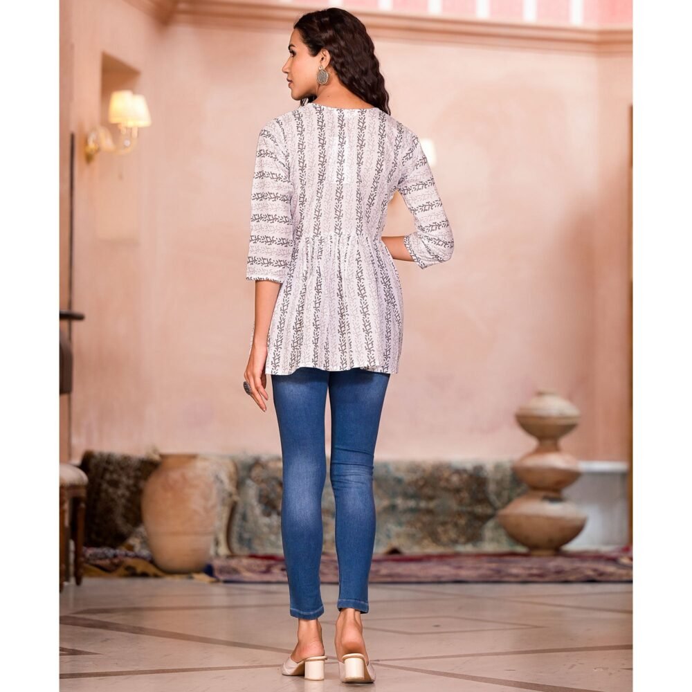 White & Brown Printed Pure Cotton A-Line Top - Image 10