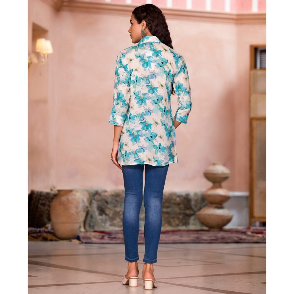 Turquoise Floral Printed Muslin Top - Image 10