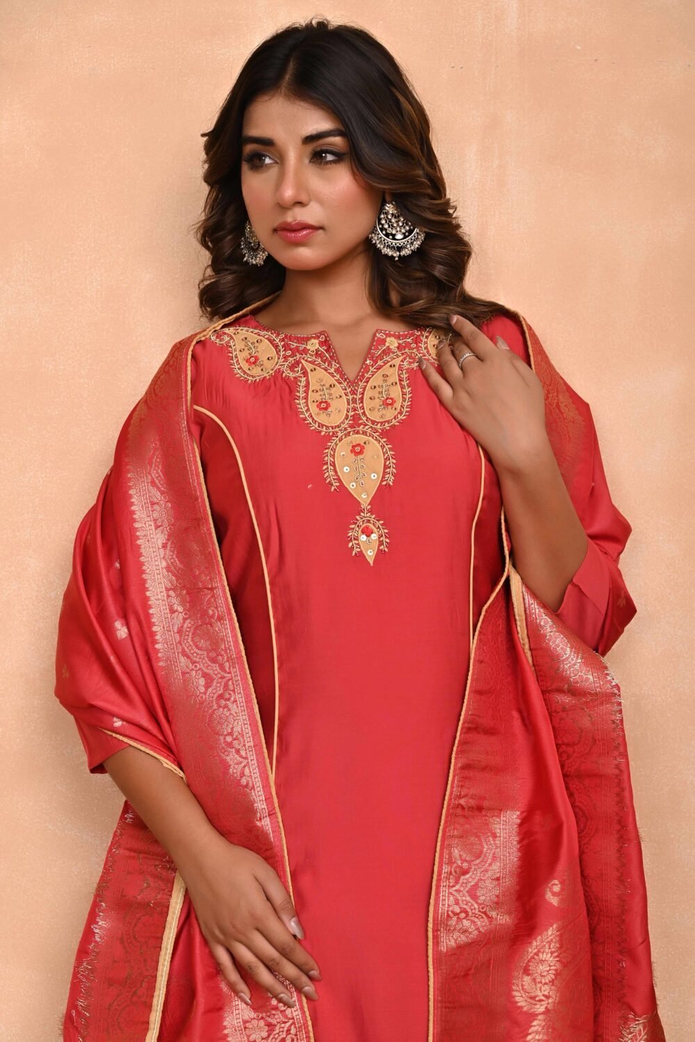 Rusty Red Embroidered A-Line Chanderi Silk Salwar Suit with Delicate Patchwork Detailing - Image 10