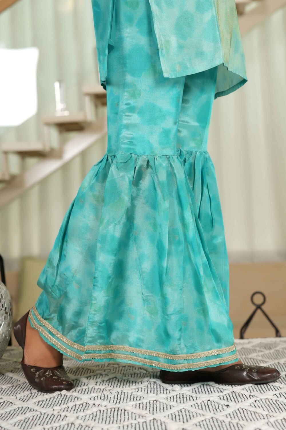 Turquoise Embroidered Organza Sharara Set with Delicate Floral Sequins - Image 10