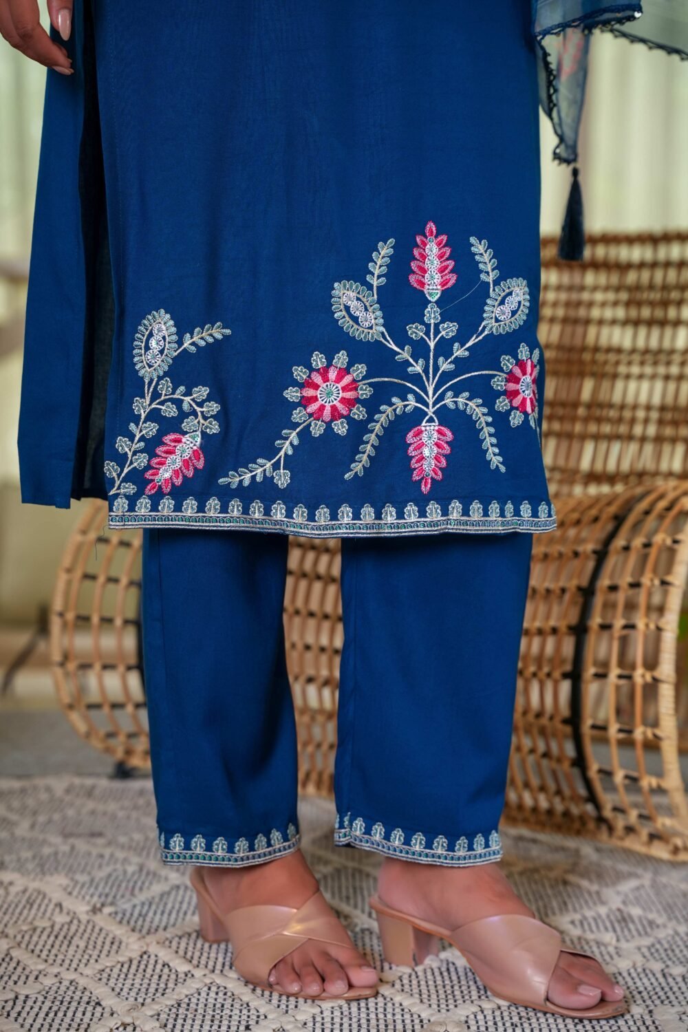 Navy Blue Heavy Viscose Rayon Straight Suit with Delicate Floral Embroidery for Graceful Style - Image 10