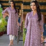 Purple Floral Printed Rayon A-line Kurti