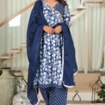 Dark Blue Anarkali Salwar Suit Featuring Floral Prints on Pure Cotton