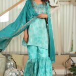 Turquoise Embroidered Organza Sharara Set with Delicate Floral Sequins