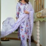 Soft Floral Printed Straight Kurta Set in Light Lavender Pure Cotton for Subtle Elegance