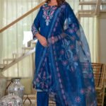 Navy Blue Heavy Viscose Rayon Straight Suit with Delicate Floral Embroidery for Graceful Style