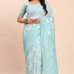 Sky Blue Floral Linen Cotton Saree Accented With Zari Weaving & Tassel Pallu Elegance