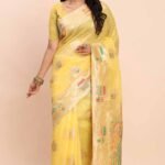 Yellow Bloom Zari Woven Linen Cotton Saree Adorned With Floral Motifs & A Tassel Finish