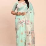Sea Green Bloom Zari Woven Linen Cotton Saree Adorned With Floral Motifs & A Tassel Finish