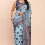 Sky Blue Patola Inspired Linen Cotton Saree Adorned With Zari Weaving & Graceful Tassel Pallu