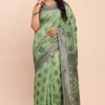 Green Patola Inspired Linen Cotton Saree Adorned With Zari Weaving & Graceful Tassel Pallu
