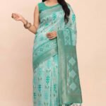 Turquoise Patola Inspired Linen Cotton Saree Adorned With Zari Weaving & Graceful Tassel Pallu