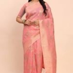 Salmon Pink Linen Cotton Saree Showcasing Floral Zari Weaves & A Tasselled Finish Pallu