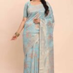 Sky Blue Linen Cotton Saree Showcasing Floral Zari Weaves & A Tasselled Finish Pallu