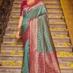 Teal Green Banarasi Silk Saree Featuring Intricate Floral Weaving & Elegant Tassel Pallu