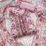 Pink Floral Printed With Sequins Embroidered Pure Cotton Dress Material