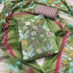 Green Floral Printed With Sequins Embroidered Pure Cotton Dress Material