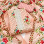 Peach Floral Printed With Sequins Embroidered Pure Cotton Dress Material