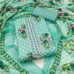 Turquoise Floral Printed With Sequins Embroidered Pure Cotton Dress Material