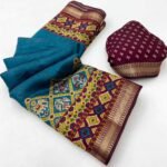 Teal Patola Print Saree in Featherlight Mulmul Cotton with Zari Border