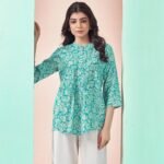 Turquoise Floral Chanderi Silk Straight Top