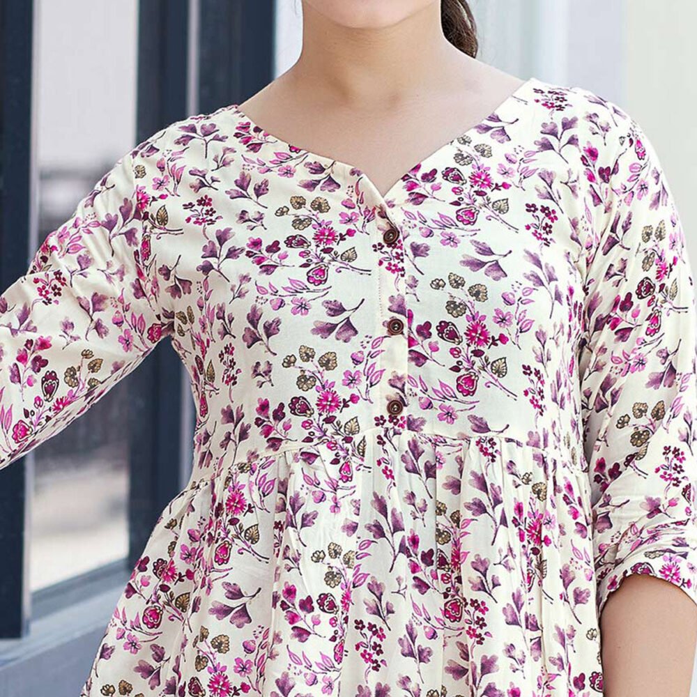 Pink Floral Printed Rayon A-Line Top - Image 3
