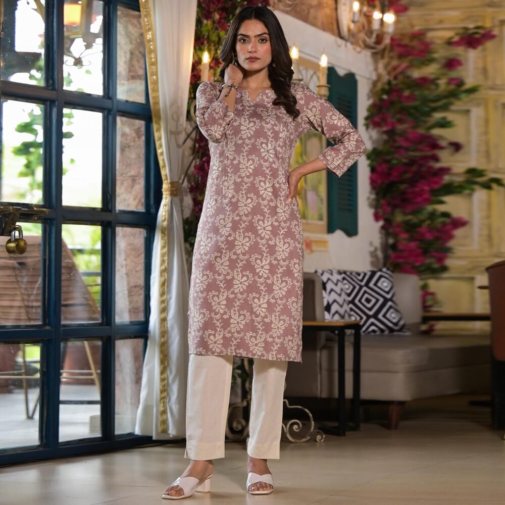 Brown Floral Printed Rayon Straight Kurti - Image 2
