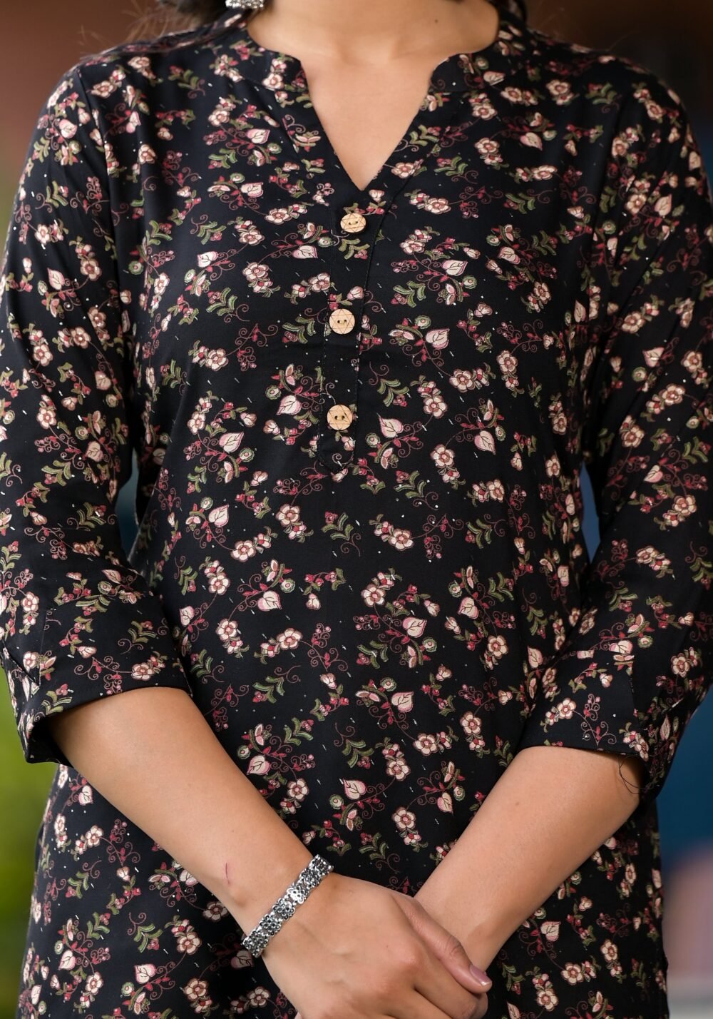 Black Floral Printed Rayon Straight Top - Image 3