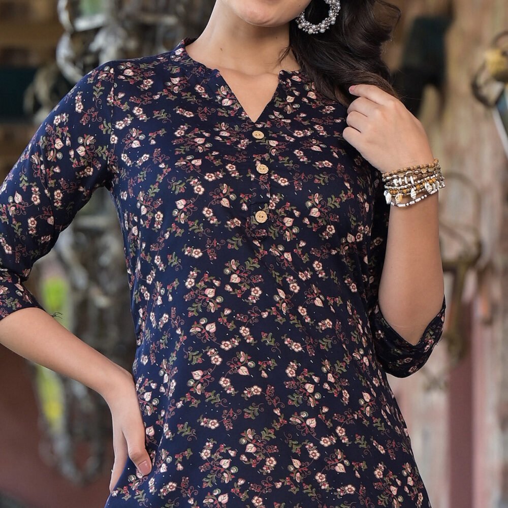 Blue Floral Printed Rayon Straight Top - Image 3