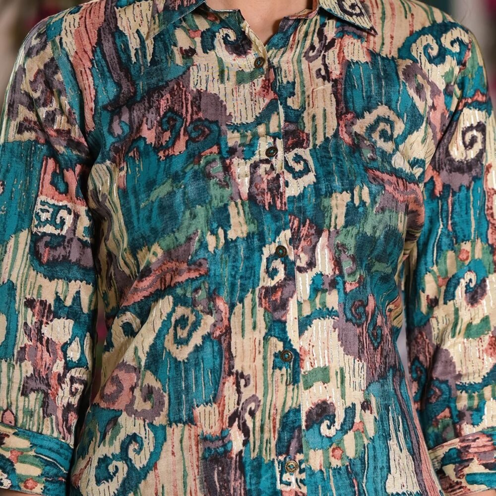 Blue & Green Printed Muslin Top - Image 3