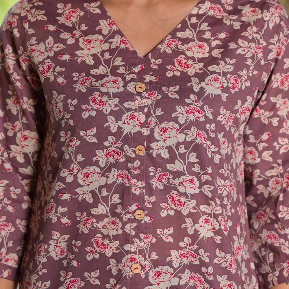 Plum Red Floral Printed Pure Cotton Top - Image 3