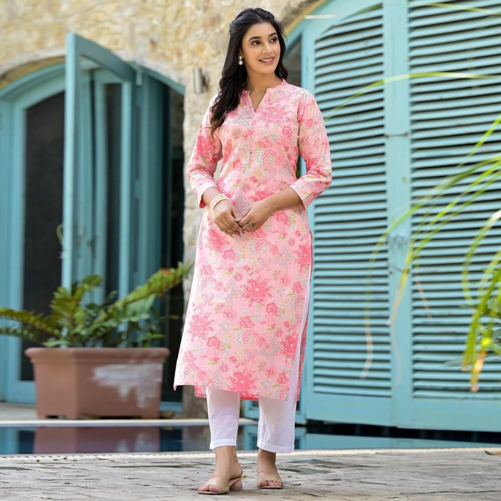 Peach Floral Printed Pure Cotton Straight Kurti - Image 2