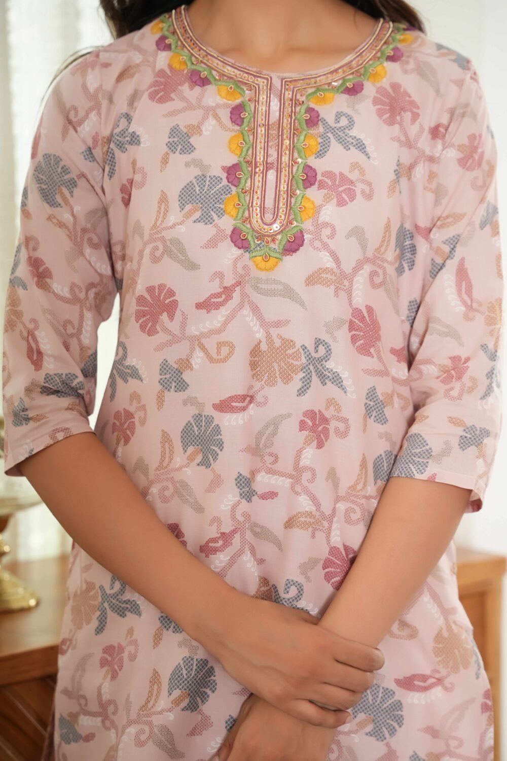 Elegant Baby Pink Floral Printed Pure Cotton Sharara Suit for Festive Charm - Image 2
