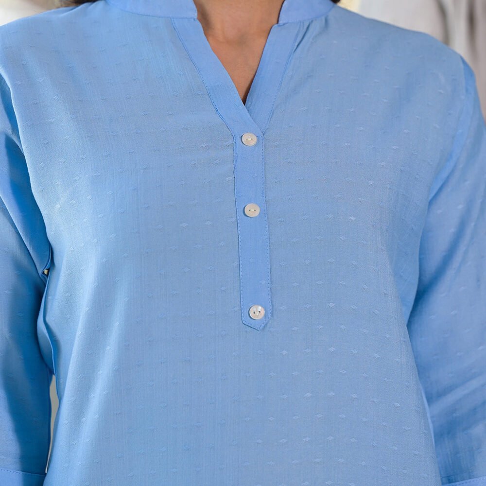 Sky Blue Solid Cotton Silk Straight Top - Image 3