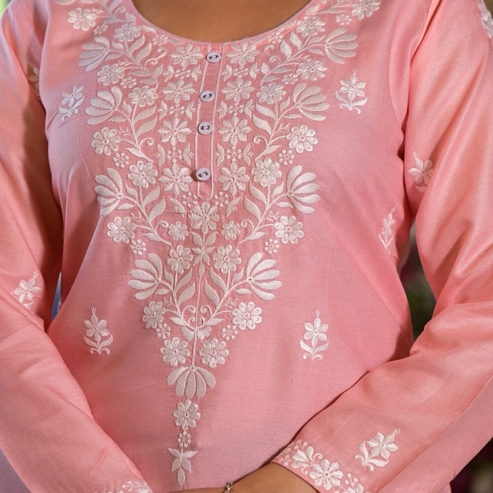 Peach Embroidered Rayon Straight Top - Image 3
