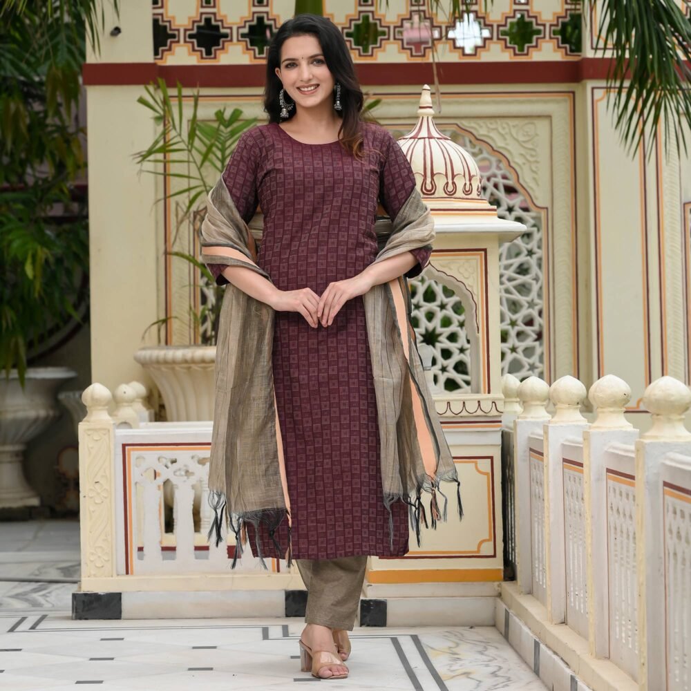 Maroon Woven Cotton Blend Dress Material - Image 2