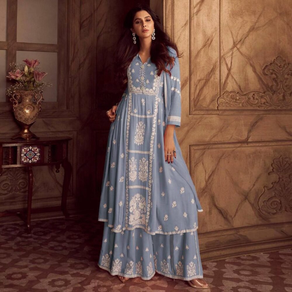 Blue Lucknowi Embroidered Rayon Palazzo Suit - Image 2