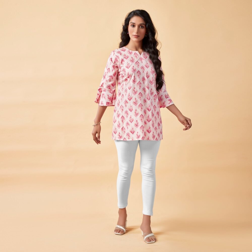 White & Pink Floral Foil Printed Rayon Top - Image 5