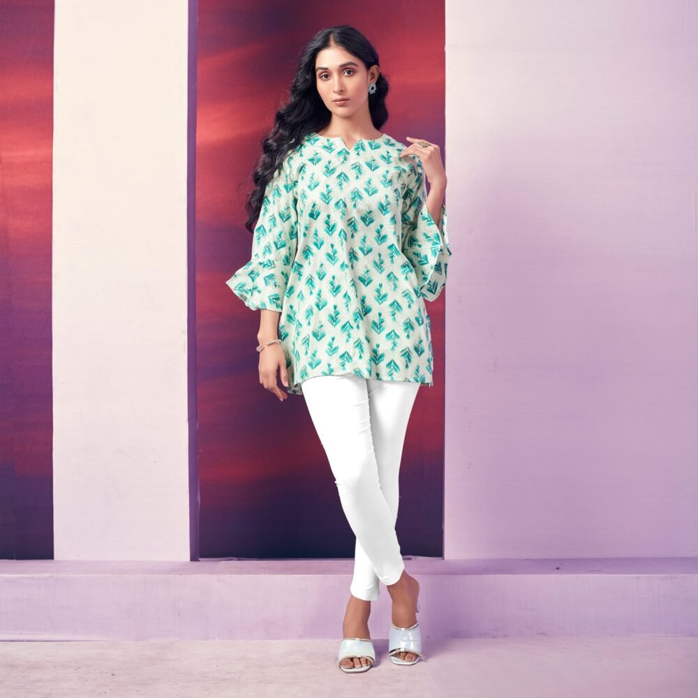 White & Turquoise Floral Foil Printed Rayon Top - Image 7