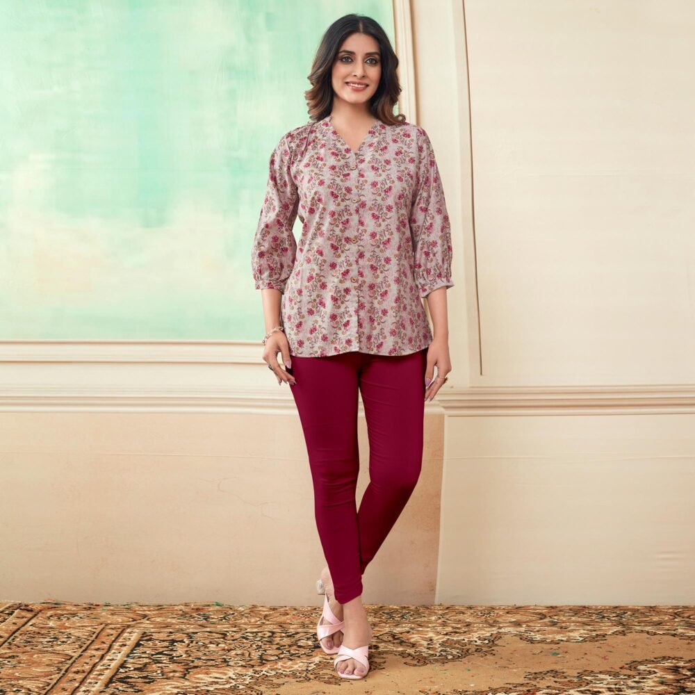 Off White & Magenta Floral Foil Printed Chanderi Silk Top - Image 7