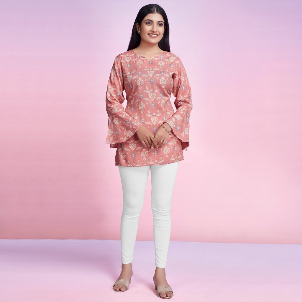 Peach Floral Foil Printed Chanderi Silk Top - Image 8