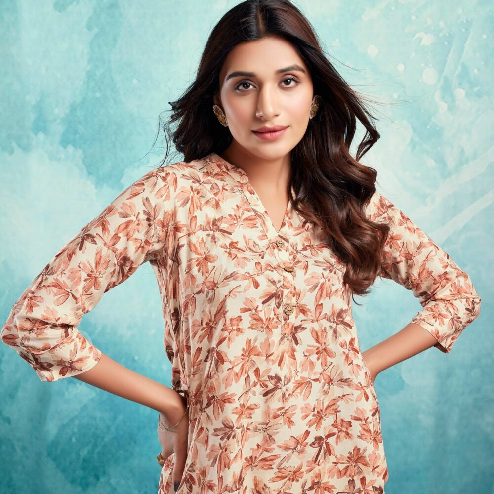Cream & Peach Floral Foil Printed Rayon Straight Top - Image 5