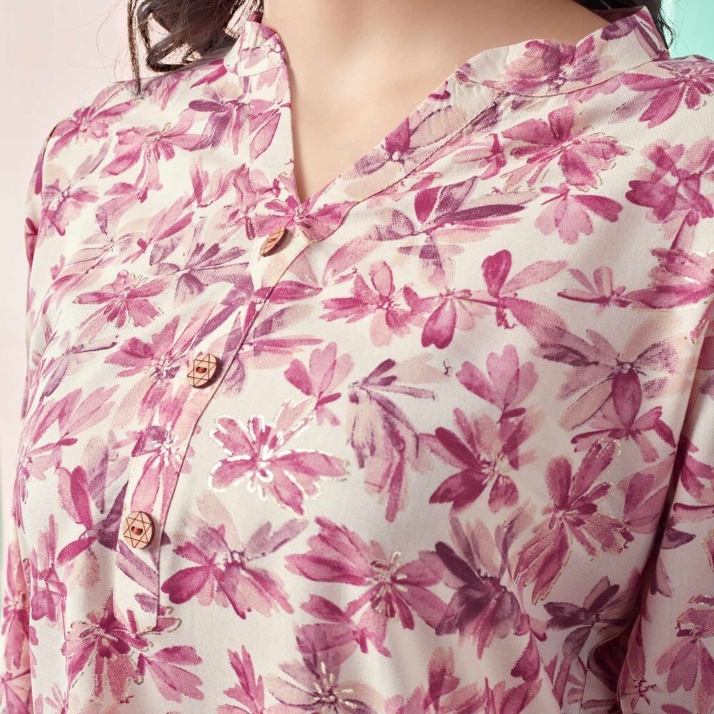 Cream & Pink Floral Foil Printed Rayon Straight Top - Image 3