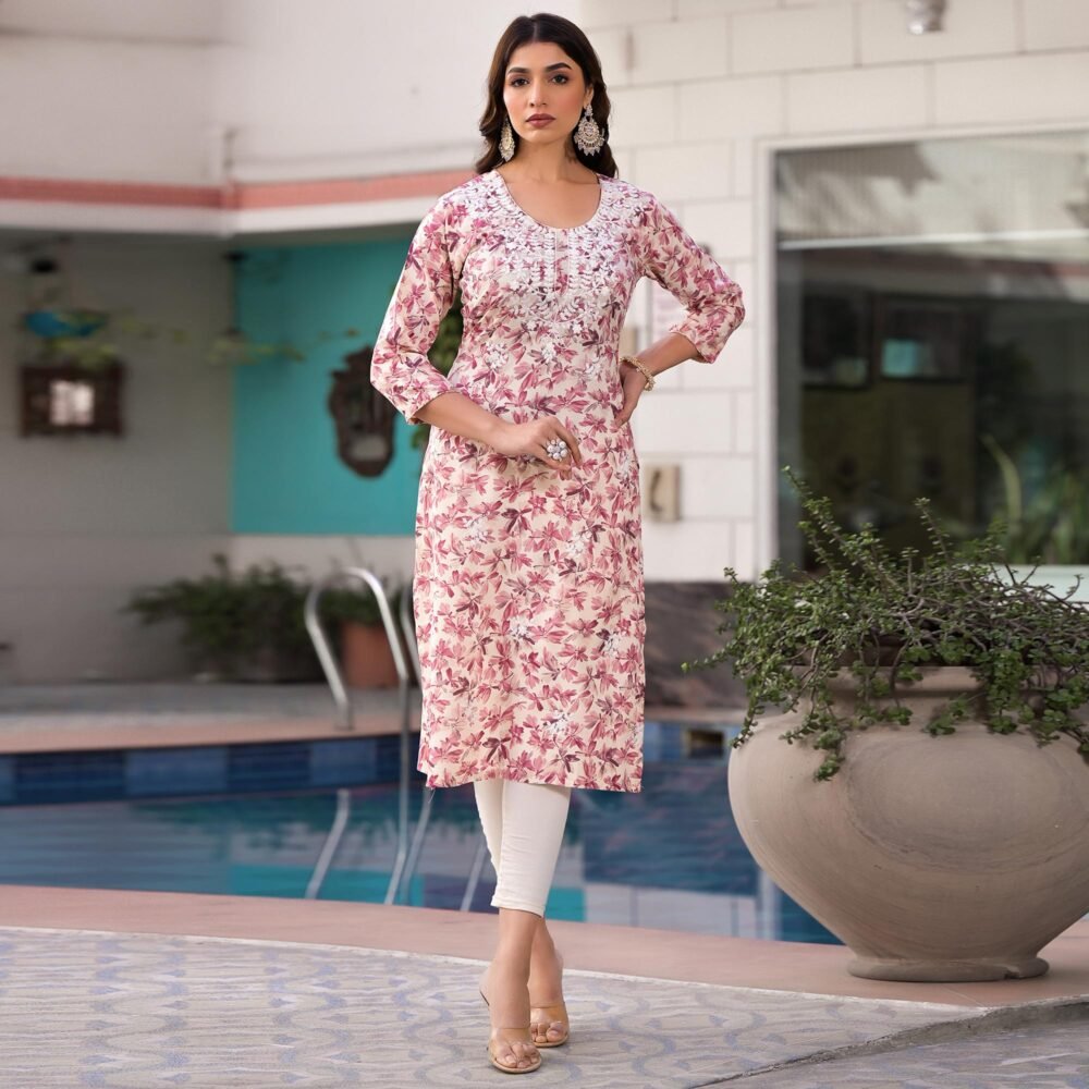 Pink Chikankari Embroidery Rayon Straight Kurti - Image 3