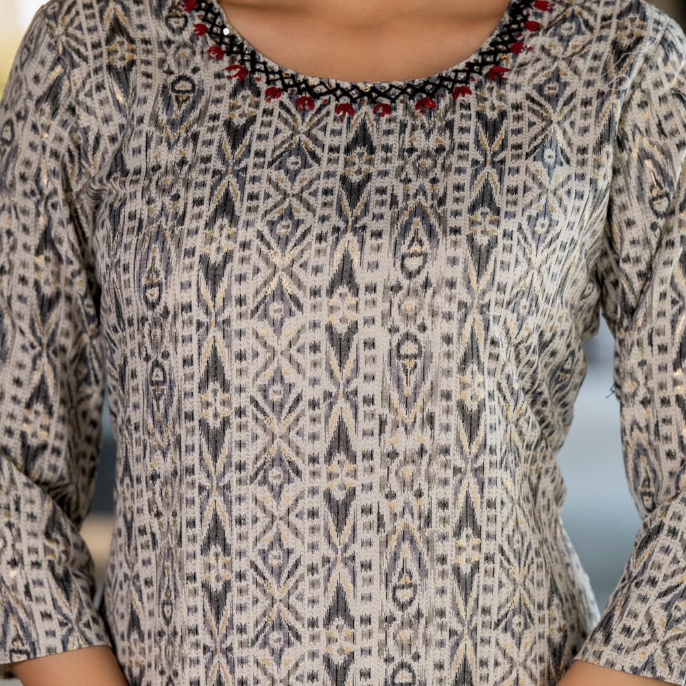 White & Black Printed Rayon Straight Kurti - Image 3