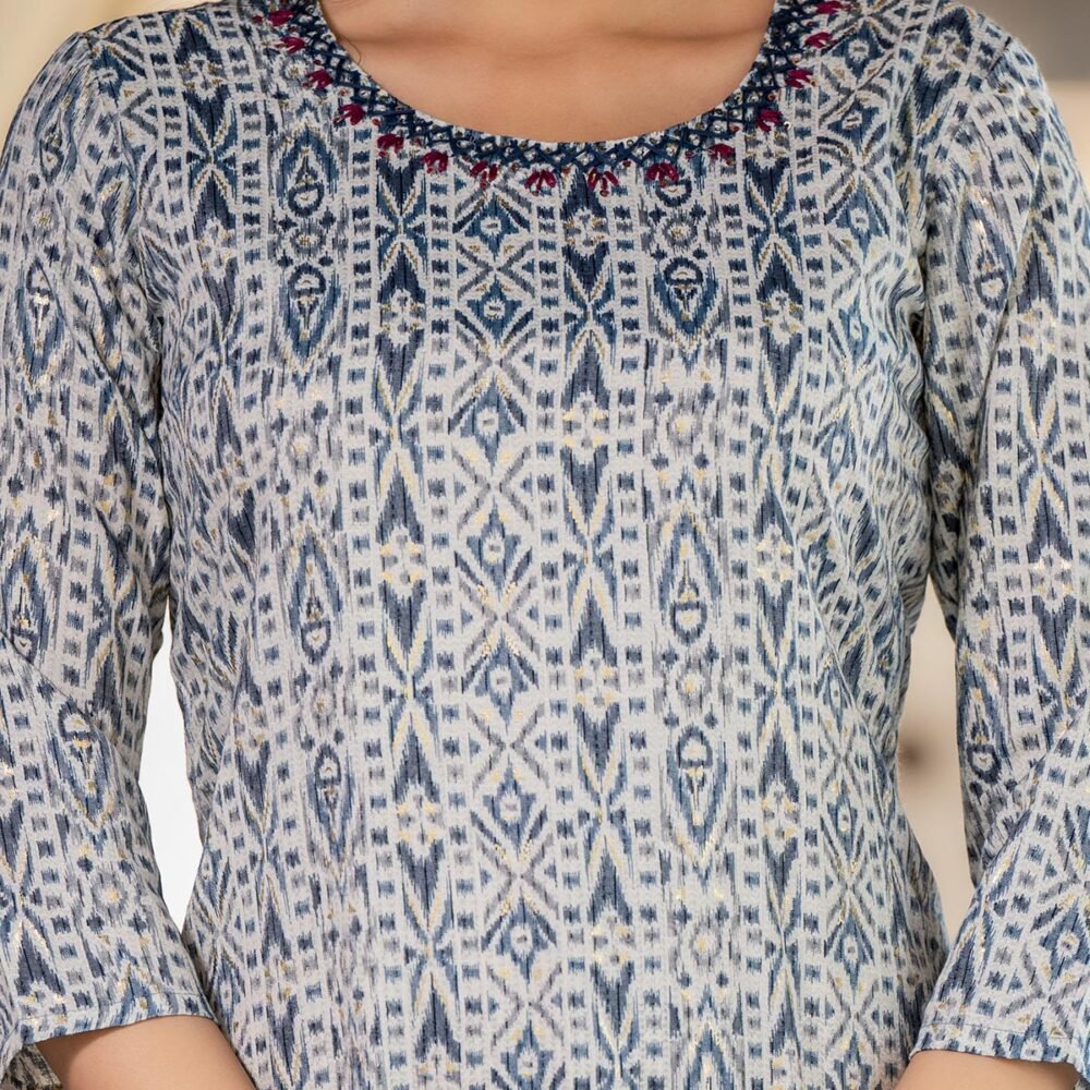 White & Blue Printed Rayon Straight Kurti - Image 3