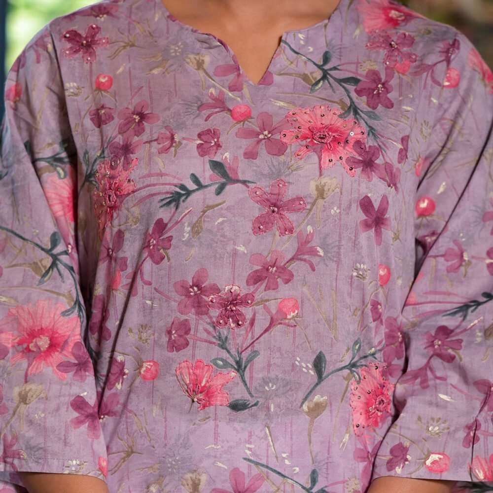 Purple Floral Foil Printed Mulmul Cotton Straight Kurti - Image 3