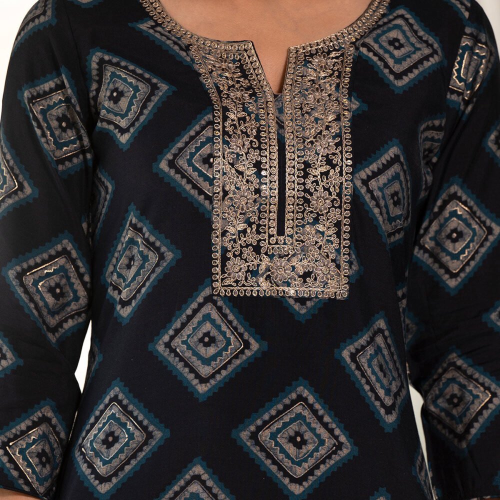Navy Blue Foil Printed Chanderi Silk Kurti - Image 3