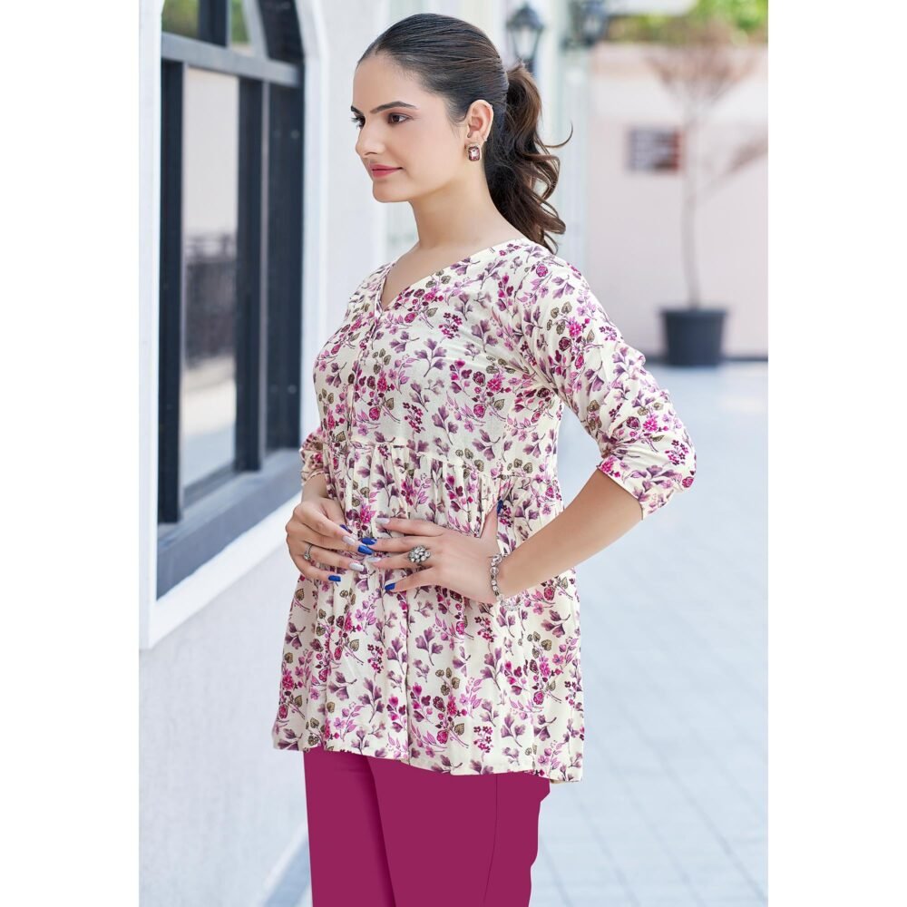 Pink Floral Printed Rayon A-Line Top - Image 4