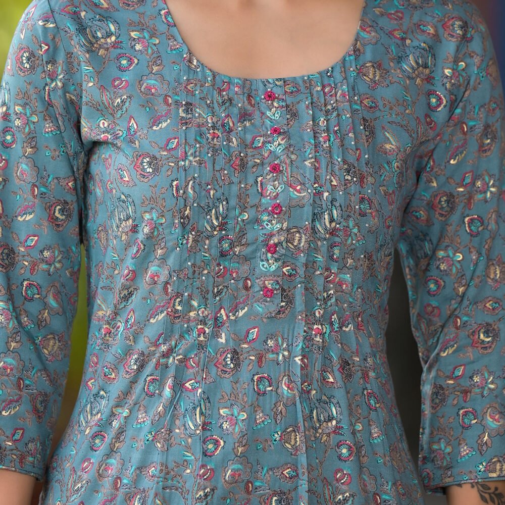 Bluish Grey Floral Printed Rayon Straight kurti - Image 4